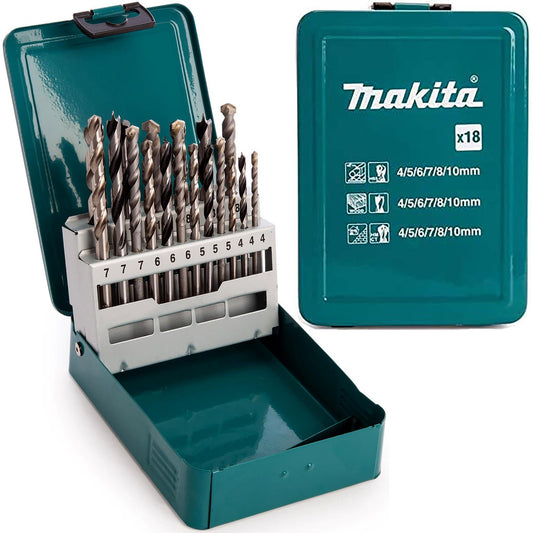 Makita Drill Bit Set (18pc) – Wood, Masonry & Metal – 4–10mm with Case